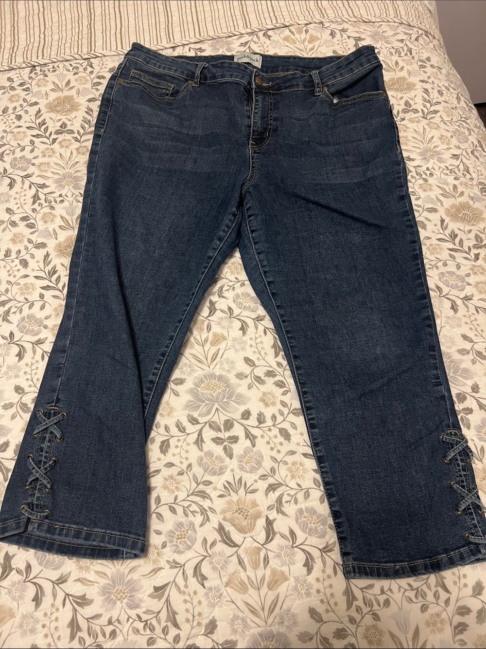 Peck & Peck Dark Blue Cropped Jeans with Lace-Up Side Detail